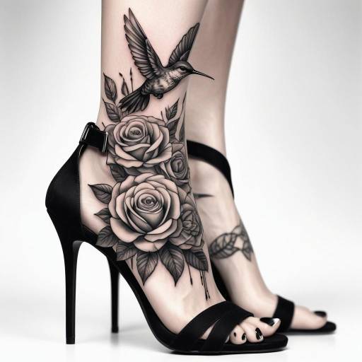 Floral and Hummingbird Tattoo on Ankle with Black High Heels