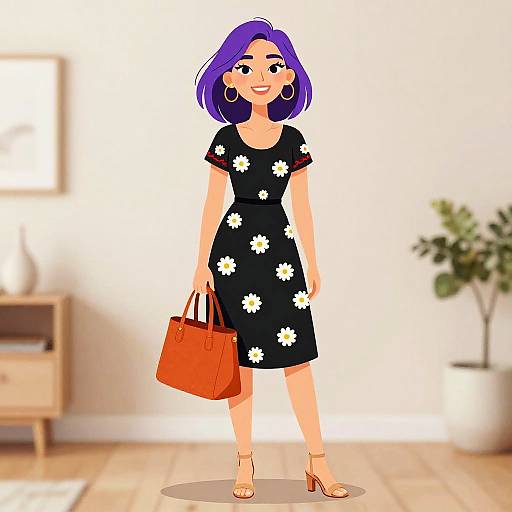 Smiling Woman in Chic Daisy Dress