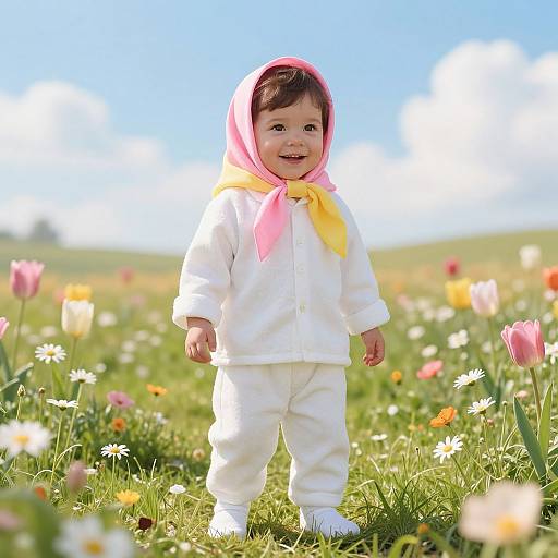 Toddler in White Outfit with Colorful Scarf in Flower Meadow