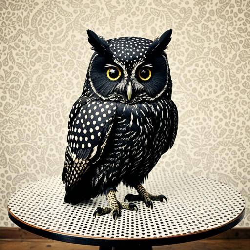 Black Owl on Polka Dot Table