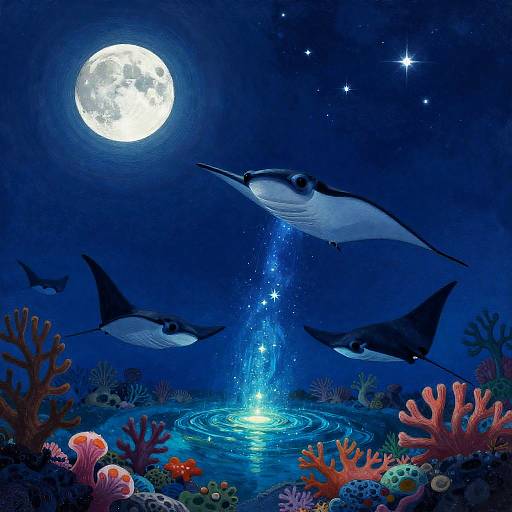 Moonlit Coral Reef with Manta Rays