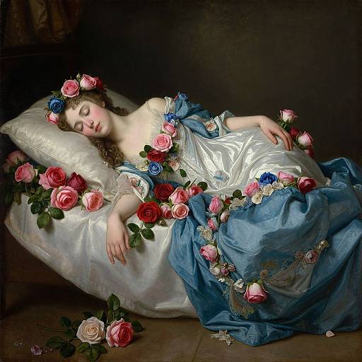 A digital painting of a sleeping woman with a floral crown, in a white and blue dress, surrounded by pink and blue roses on a pillow. Dark