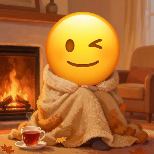 Photograph of a cozy living room with a lit fireplace, a smiling winking emoji head wearing a white, patterned blanket, and a tea cup