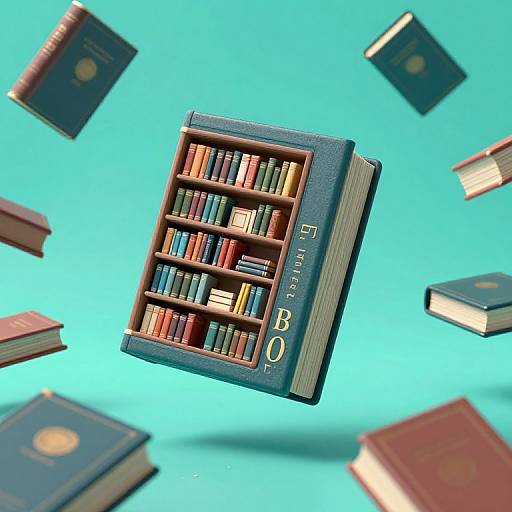 CGI image of a floating, blue, wooden bookcase with colorful books, surrounded by floating, dark blue and red hardcover books against a turquoise