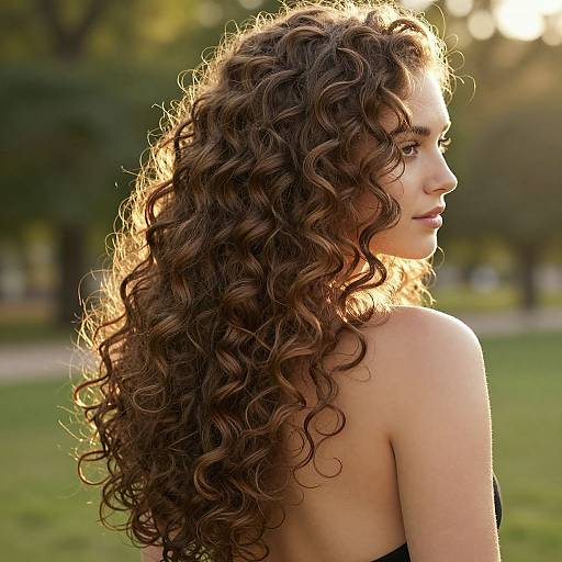 Photograph of a young woman with long, curly brown hair, sunlight illuminating her profile, standing in a green park.
