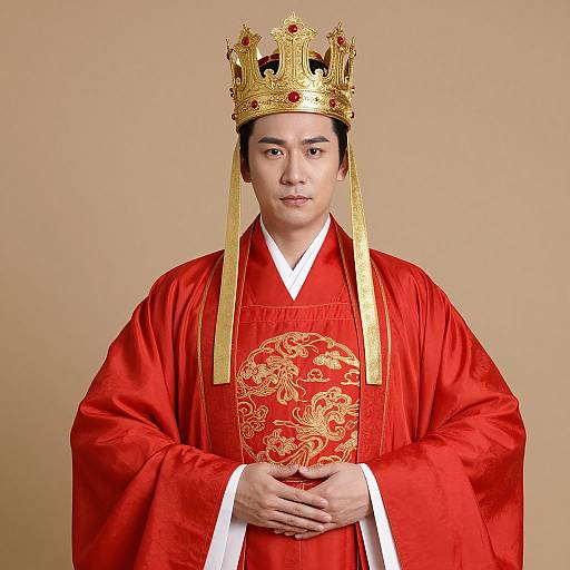 Photograph of an Asian man in a red royal robe with gold embroidery, wearing an ornate gold crown with red jewels, against a beige background.