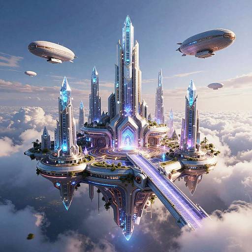Futuristic Floating City in Neon Sky