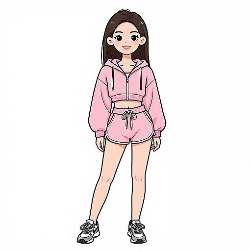 Digital drawing of an Asian woman with long black hair, wearing a pink hoodie, matching shorts, and sneakers, standing confidently against a white background.