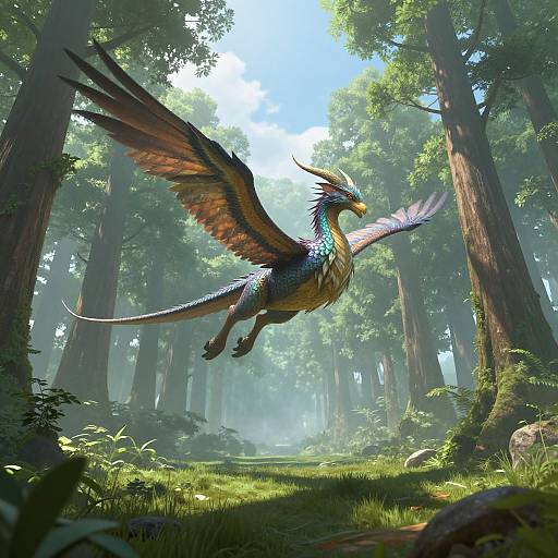 Digital artwork of a colorful dragon with blue and orange feathers soaring through a sunlit, misty forest with tall redwoods.