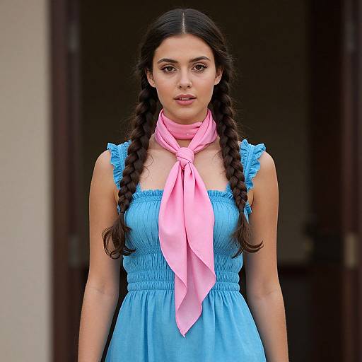 Photograph of a young woman with long dark braids, wearing a blue dress with ruffled sleeves and a pink scarf, standing in front of a