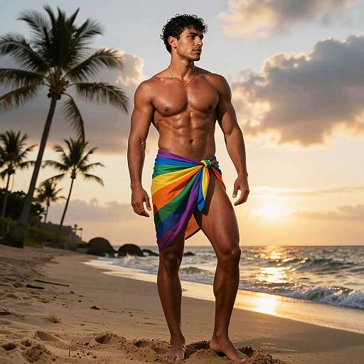 Muscular, tan-skinned man with short black hair, wearing a rainbow sarong, stands on a tropical beach at sunset, palms and ocean in