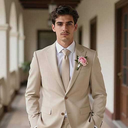 Young Man in Beige Wedding Suit