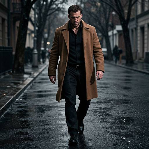 Photograph of a serious, dark-haired man in a brown coat, black shirt, and pants walking on a wet, empty urban street at night.