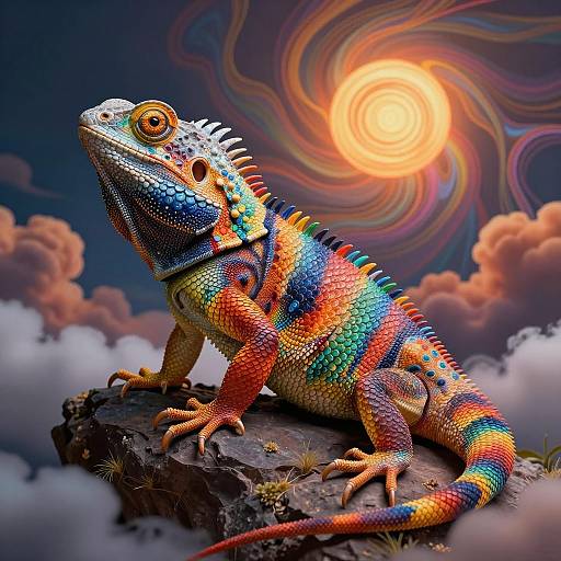 Rainbow-Colored Lizard with Spiral Sun