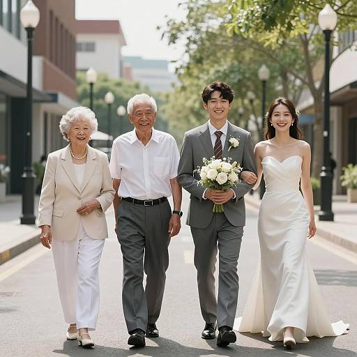 Wedding Couple with Elderly Relatives Walking in City