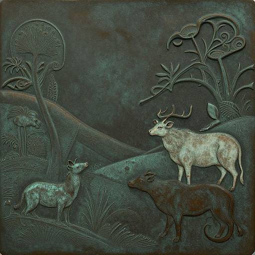 Intricate relief artwork depicting a white deer with antlers, a brown deer, and a fawn in a dark, textured forest with stylized