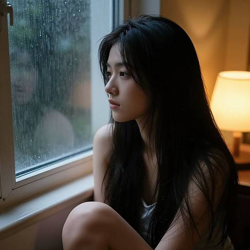 Photograph of a pensive Asian woman with long black hair, sitting by a rain-speckled window, softly lit by a warm lamp.