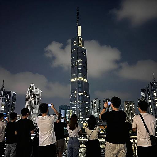Nighttime Cityscape with Illuminated Skyscrapers