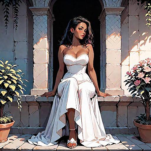 Elegant Woman in Strapless Maxi Dress Sitting Outdoors