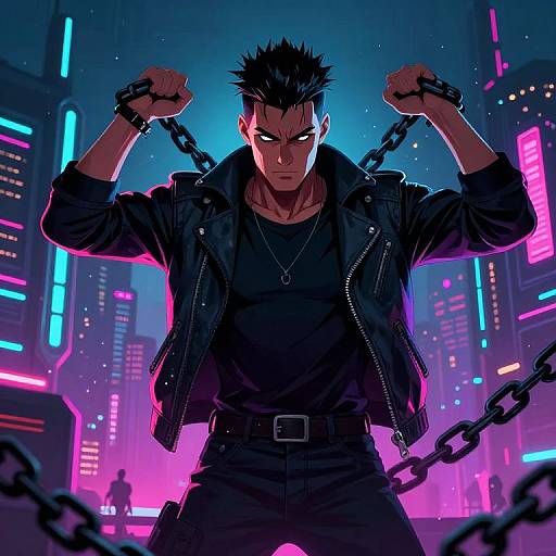 Cyberpunk anime-style drawing of a muscular man with spiky black hair, wearing a black jacket and shirt, fists clenched, chains overhead,