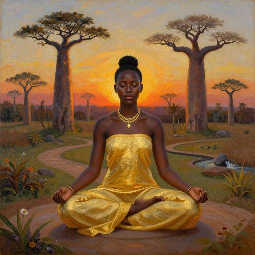 Digital painting of a serene Black woman meditating in a golden sari, set against a sunset savanna with acacia trees.