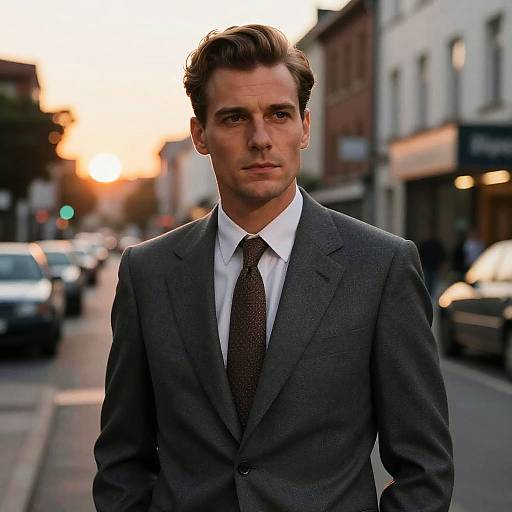 Photograph of a serious, handsome Caucasian man with short brown hair, wearing a gray suit, white shirt, and brown tie, standing on a busy