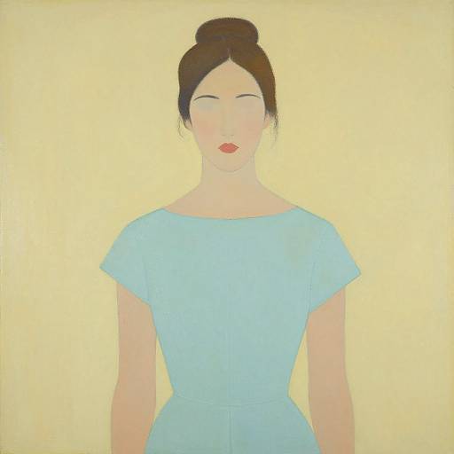 Digital painting of a woman with fair skin, black hair in a bun, closed eyes, red lips, wearing a light blue dress, against a yellow