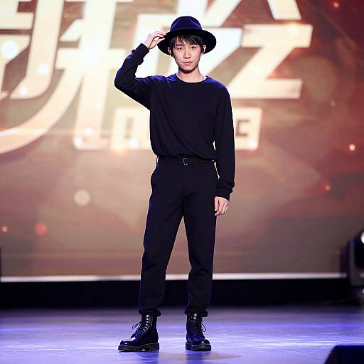 Photograph of an Asian male model in a black outfit, including a hat, long-sleeve shirt, pants, and boots, standing on a