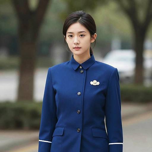 Photograph of an Asian woman with fair skin and black hair in a navy blue military-style uniform with white trim, standing outdoors in a blurred park background