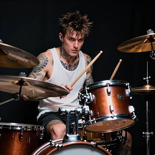 Dynamic Tattooed Drummer in Action