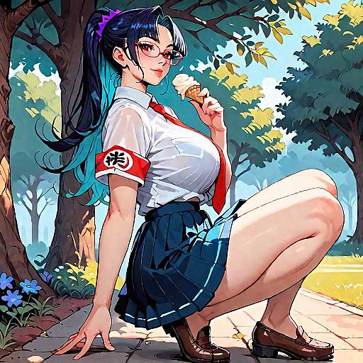 Mature Girl Leaning on Tree Eating Ice Cream