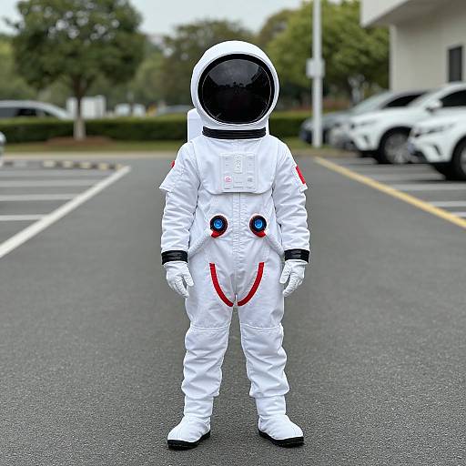 Photograph of a child-sized astronaut suit with a black visor, white suit, red accents, and blue eye patches, standing on a gray asphalt