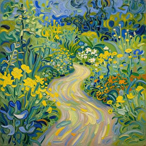 Vibrant, swirling, impressionist-style digital painting of a winding path through a lush, colorful garden with yellow flowers, blue and green foliage,