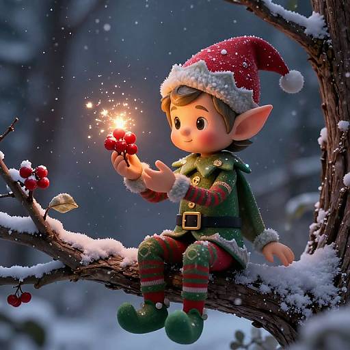AI Christmas Elf Collecting Glowing Berries
