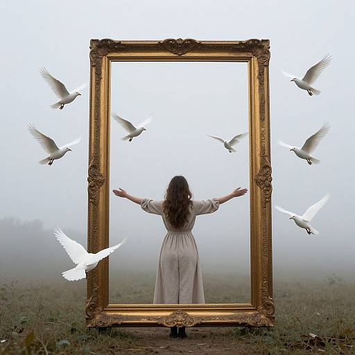 Photograph of a woman with long brown hair, back facing, in a white dress, arms outstretched, reflected in a large ornate gold
