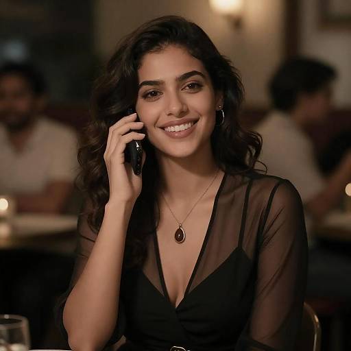 Elegant Woman in Sheer Dress with Phone