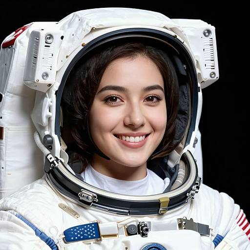 Photograph of a smiling young woman with medium brown skin and dark hair, wearing a white astronaut suit with a clear helmet against a black background.