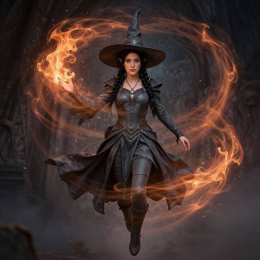 Digital artwork of a fierce witch with dark hair, black outfit, and hat, conjuring fiery orange rings in a dark, mystical cave.