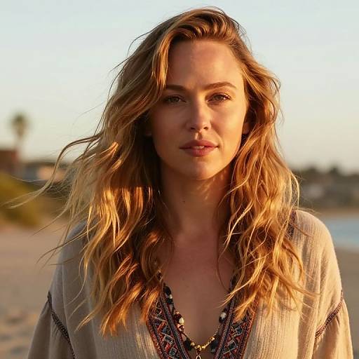 Photograph of a blonde, wavy-haired woman with fair skin, wearing a beige, V-neck blouse with embroidered details, standing on a beach at