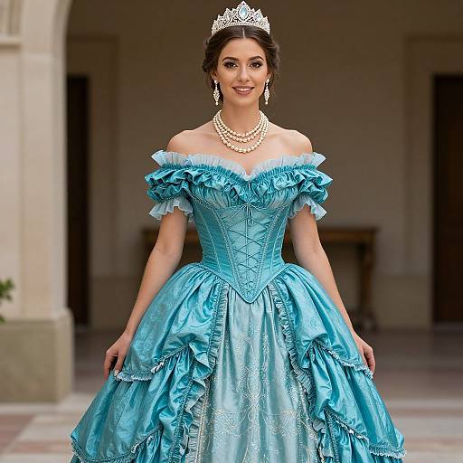 Photograph of a smiling woman with dark hair, wearing a silver tiara, off-shoulder light blue satin gown, pearl necklace, and earrings