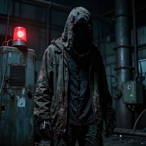 Mysterious figure in dark, rain-soaked hooded jacket stands in dimly lit, industrial setting with red emergency light glowing. Photograph.