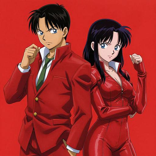 Digital anime artwork of a serious black-haired man in a red suit and a blue-eyed black-haired woman in a red leather outfit, both standing against a