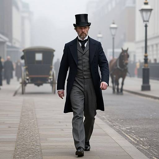 Photograph of a Victorian-era man in black top hat, three-piece suit, and long coat, walking on a foggy, cobblestone street