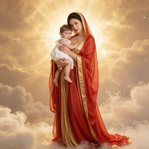 Photographic-style digital image of a dark-haired woman in a red and gold traditional saree, holding a baby in white clothes, against a golden cloudy