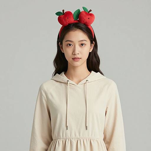 Woman in Beige Dress and Apple Headband