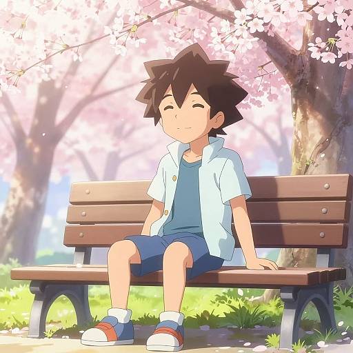 Anime-style drawing of a smiling boy with spiky black hair, wearing a white shirt, blue shorts, and red sneakers, sitting on a wooden bench