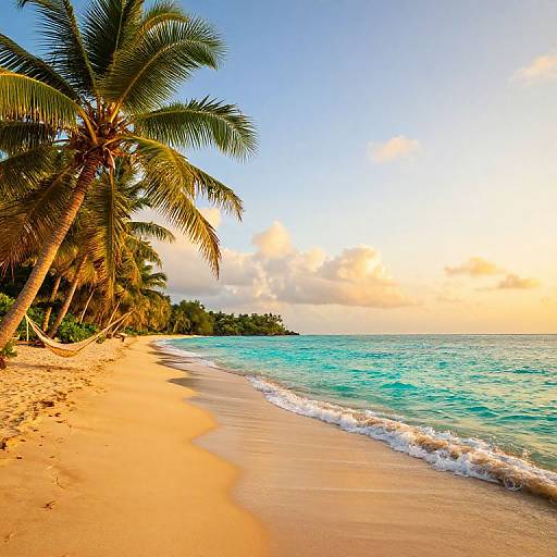Photograph of a tropical beach with golden sand, turquoise water, gentle waves, and tall, swaying palm trees under a blue sky.