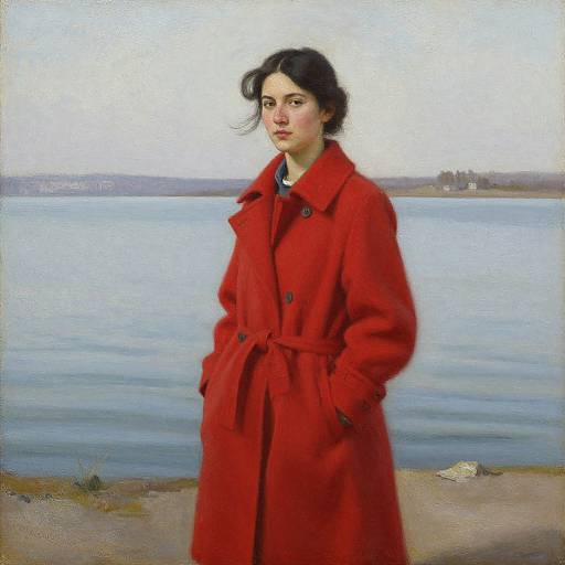 Photorealistic painting of a woman with pale skin and dark hair, wearing a red coat, standing by a calm blue lake.