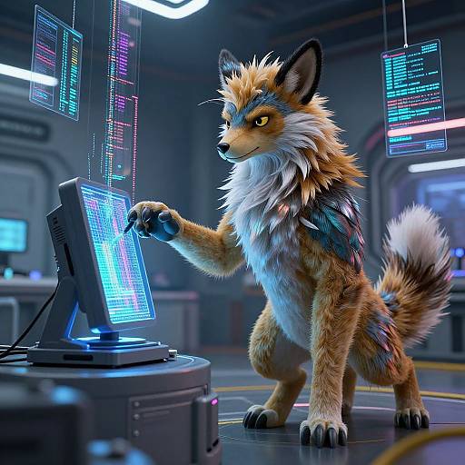 Digital artwork of an anthropomorphic, cyber-furred fox with yellow eyes, using a futuristic computer in a neon-lit, high-tech room.
