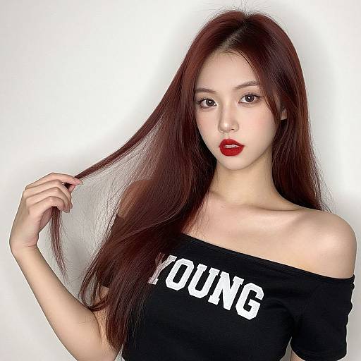 Photograph of an Asian woman with long, straight auburn hair, wearing a black off-shoulder top with 